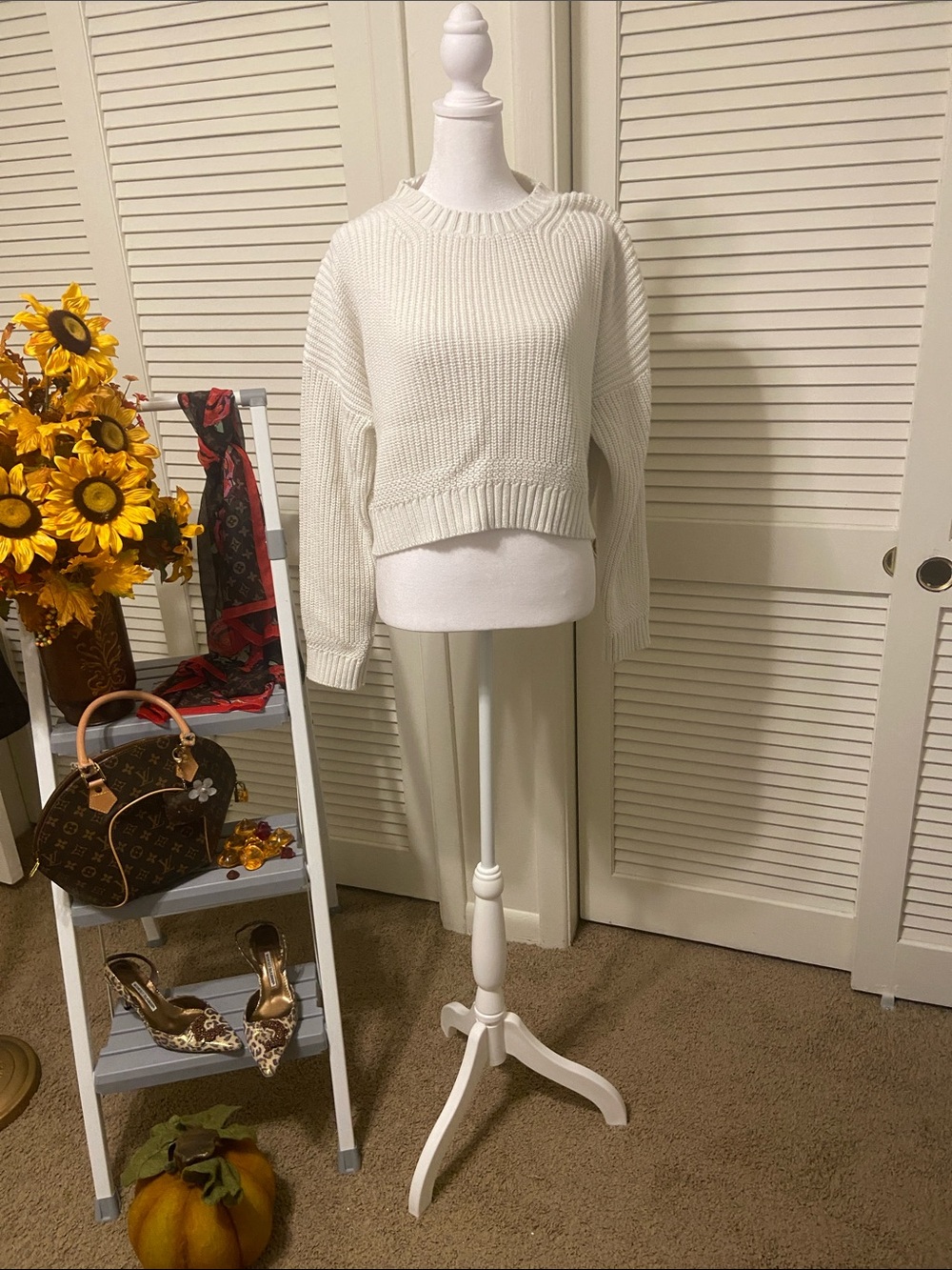 Princess Polly Cream Ribbed Crewneck Sweater